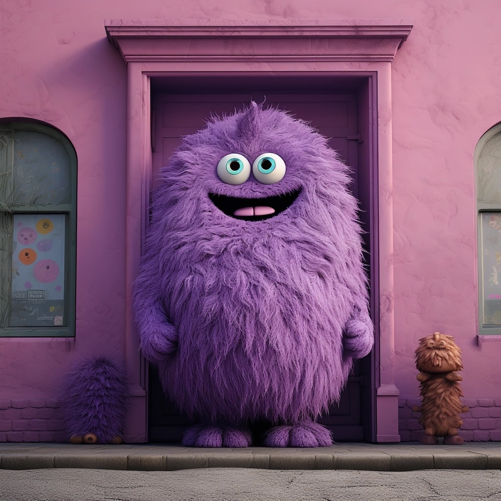 big, purple, furry monster in front of the a magenta building.